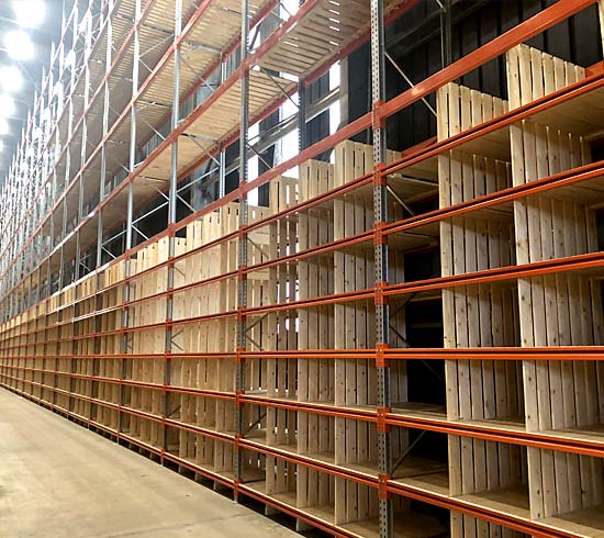 Wide aisle racking with timber decking